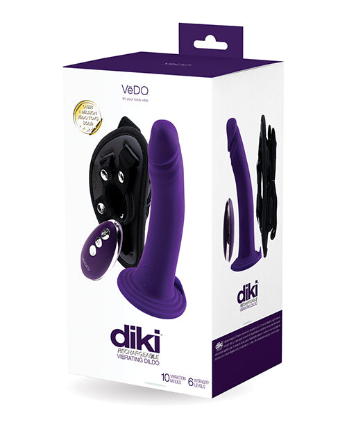 Vedo Diki Vibrating Dildo W- Harness Deep Purple