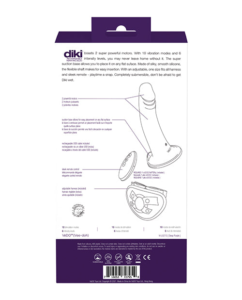 Vedo Diki Vibrating Dildo W- Harness Deep Purple