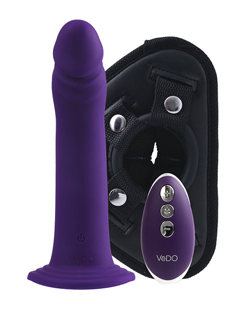 Vedo Diki Vibrating Dildo W- Harness Deep Purple