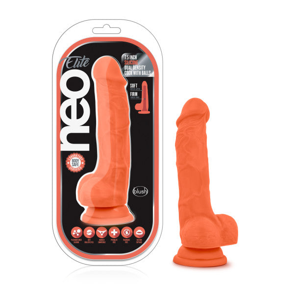 Neo Elite 7.5in Silicone Dual Density Cock W- Balls Neon Orange - iVenuss