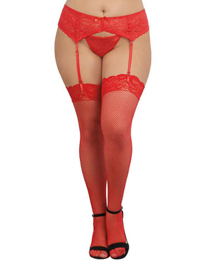 Fishnet Thigh Highs W- Lace Top Red Q-s