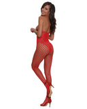 Open Cup Bodystocking W- Knitted Lace Teddy Lipstick Red O-s - iVenuss