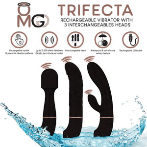 Trifecta Rechargeable Vibrator W- 3 Interchangeable Heads Black - iVenuss