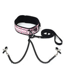 Collar W- Nipple Clamps- Faux Leather Pink