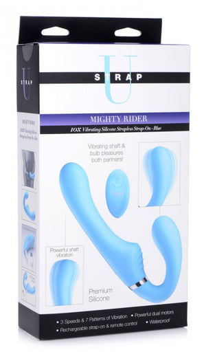 Strap U Mighty Rider 10x Vibrating Strapless Strap-on Blue