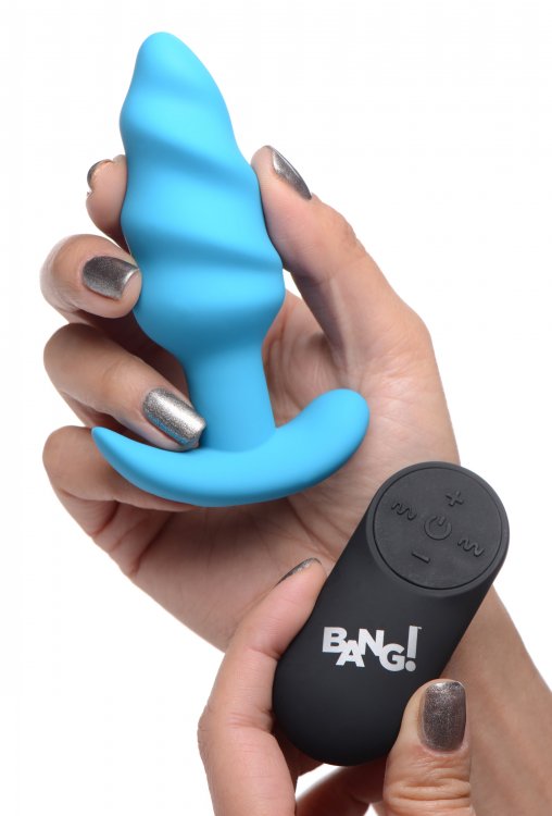 Bang! 21x Vibrating Silicone Swirl Butt Plug W- Remote Blue