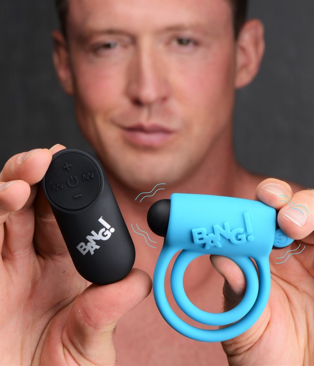 Bang! Silicone Cock Ring & Bullet W- Remote Blue